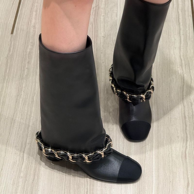 羊皮版~小香风链条高跟中筒靴女秋裤管靴高筒骑士靴粗跟长靴|undefined