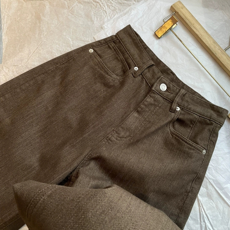 Close Your Eyes and Rush! ! It’S so Easy to Wear It! ~ Early Autumn Retro High-Waisted Slim Herringbone Wide-Leg Jeans