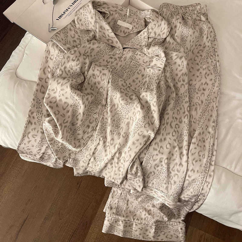 韩系纯欲甜美不规则豹纹睡衣女春秋新款休闲长袖长裤家居服套装|undefined