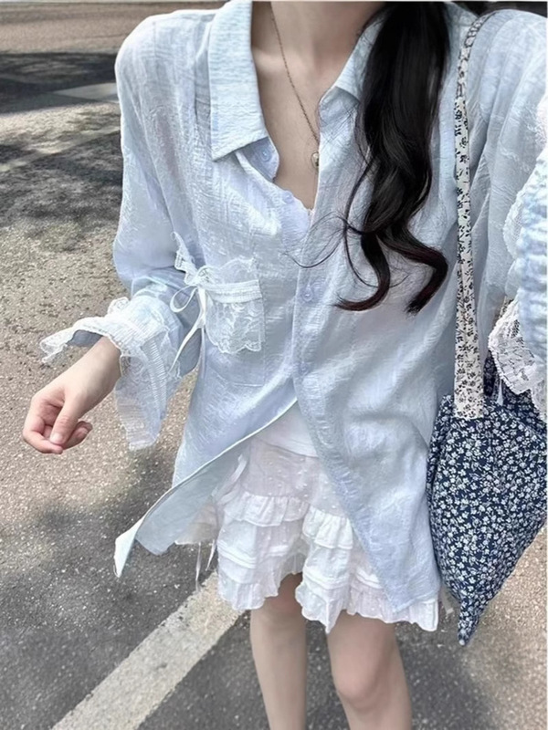 レースステッチ日焼け止めシャツ女性の夏の薄い新しい甘いデザインルーズカーディガンシャツリボン付き|undefined