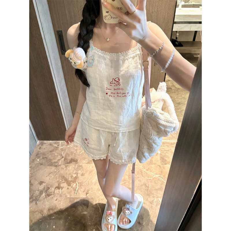 Cute Girl's Comfortable Cartoon Lace-Trimmed Suspender Series Pajamas for Women, Spring and Summer Cotton and Linen Loungewear Set, Plus Size