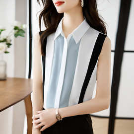 撞色坎肩背心女2025夏季新款时尚外穿衬衫无袖雪纺打底衫内搭上衣