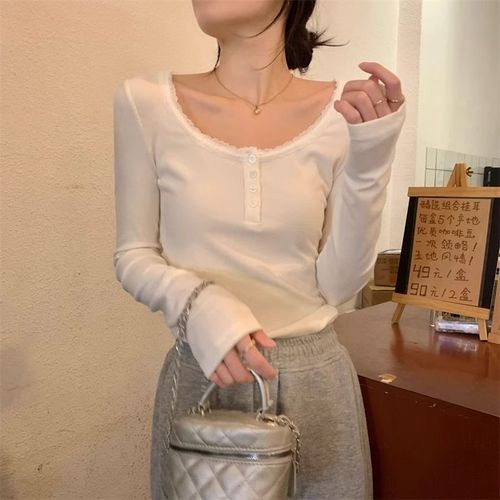 250g Comfort Fleece Lace Patchwork Button Round Neck T-shirt for Women Long Sleeve Slim Top