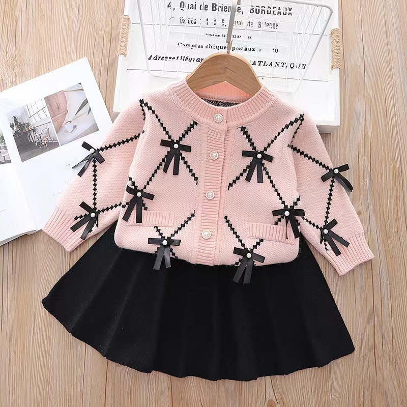 Xiaoxiangfeng Mädchenpullover, zweiteiliges Strickset für Kinder, neues Damen-Strickjackenset mit Schatzschleife_voghion.com