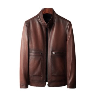 New High-End First-Layer Goatskin Genuine Leather Jacket for Men, Fashionable Stand-Up Collar, Slim and Handsome Motorcycle Leather Jacket