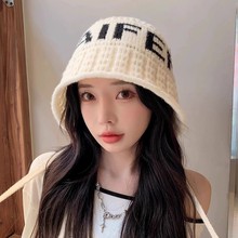韩版字母复古针织渔夫帽子女秋冬季百搭显脸小气质保暖款盆帽潮