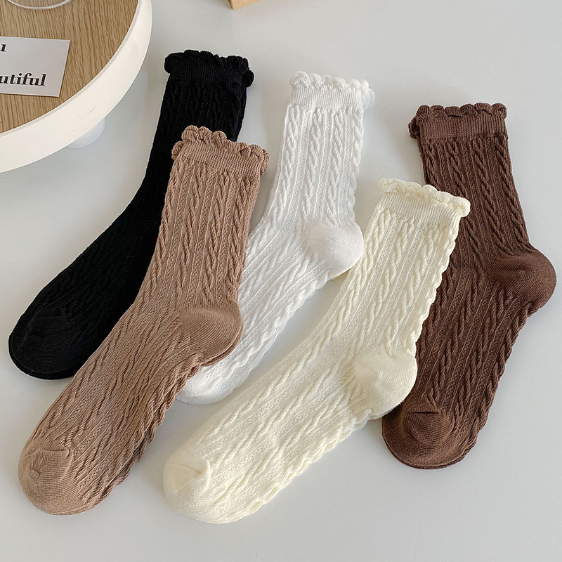 Mary Jane Mid-Calf Socks for Women, Spring & Fall Style with Small Leather Shoes, Brown Fungus-Edged Pile Socks, Lace Cotton Socks, Loafers