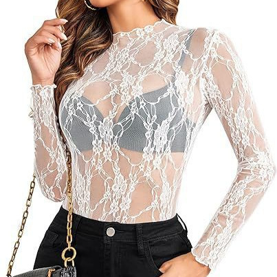 Lace Women's Top Long-Sleeve High-Neck Transparent Shirt See-Through Floral Lace Top