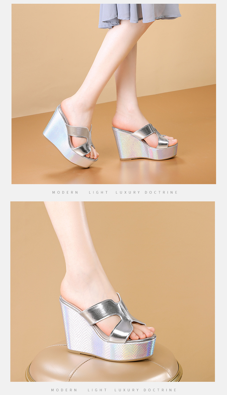 Sandal cao gót nữ hở mũi đế xuồng platform gót 12 cm — màu vàng, bạc chi tiết 6