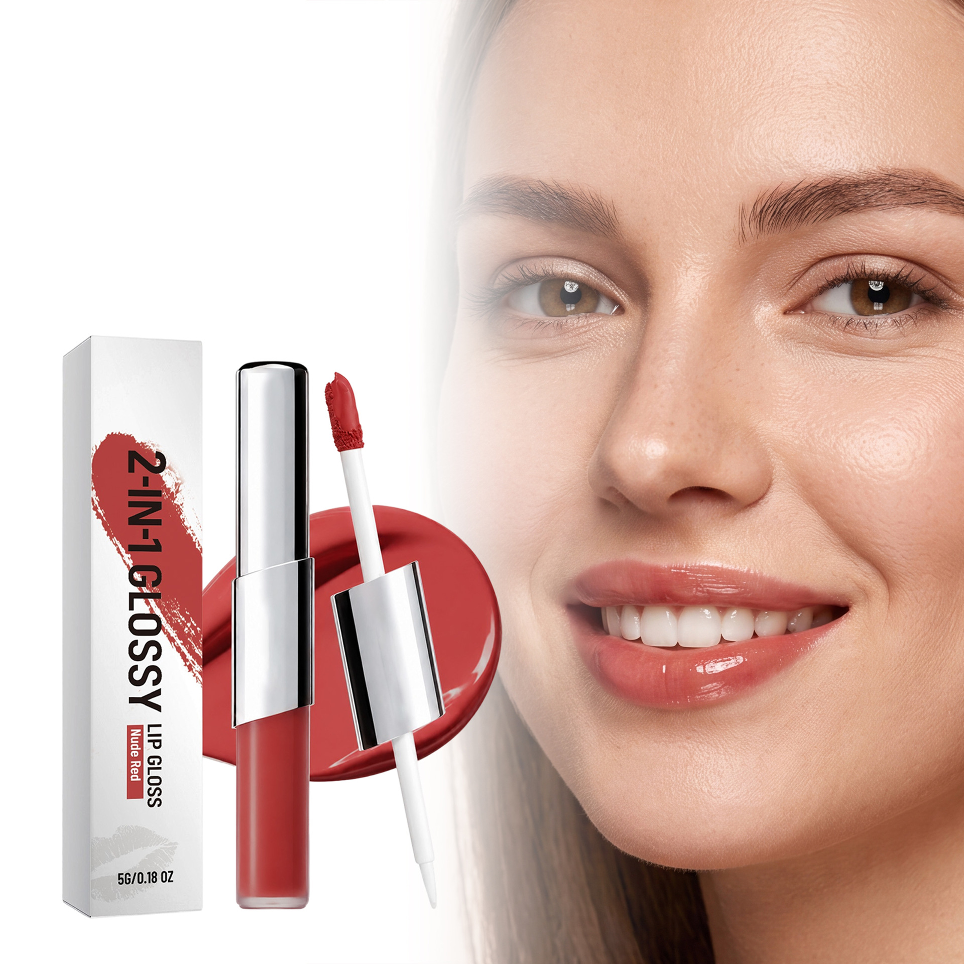 Two-In-One Long-Lasting Glossy Lip Gloss (Nude Red) Moisturizing, Delicate, Silky, Color-Rich, Translucent, Versatile and Hydrating Lip Gloss