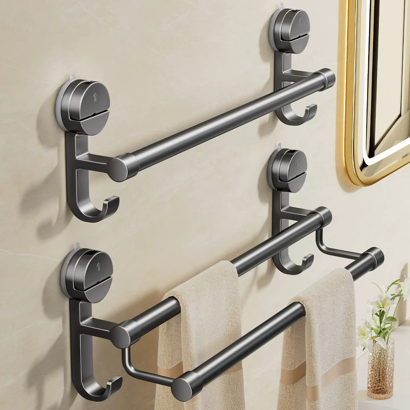 吸盘式毛巾架子双杆卫生间厕所浴室厨房免打孔壁挂墙上晾毛巾挂杆