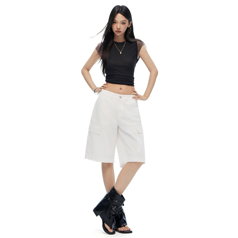 I Love Wearing Workwear-Style Denim Mid-Length Pants That Give a Relaxed Feel, Loose White Shorts for Women, Casual and Versatile Five-Point Wide-Leg Pants