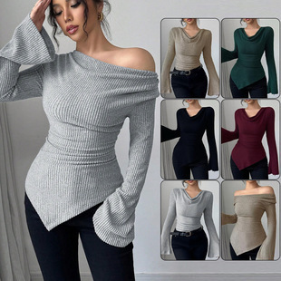 2026 Autumn/Winter European and American Cross-Border Women's Ribbed Base Shirt, Off-Shoulder Slim-Fit Knitted Long-Sleeve Top, Hot-Selling Commuter Style 2026 Autumn/Winter European and American Cross-Border Women's Ribbed Base Shirt, Off-Shoulder Slim-Fit Knitted Long-Sleeve Top, Hot-Selling Commuter Style