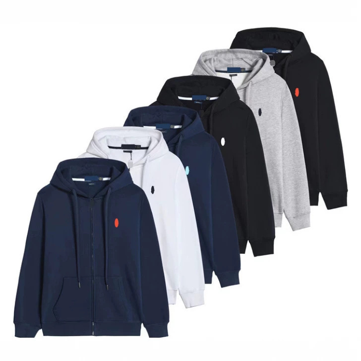 Cross-border spring and autumn thin hooded cardigan with small logo, solid color sweatshirt, embroidered slim-fit plus-size sports men's Polo jacket