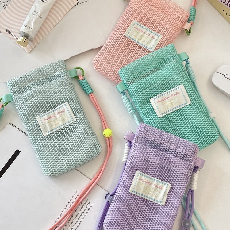 5816 Fresh and cute mesh phone organizer bag for women, 2025 new summer style, sweet and cute lanyard phone bag/crossbody bag.