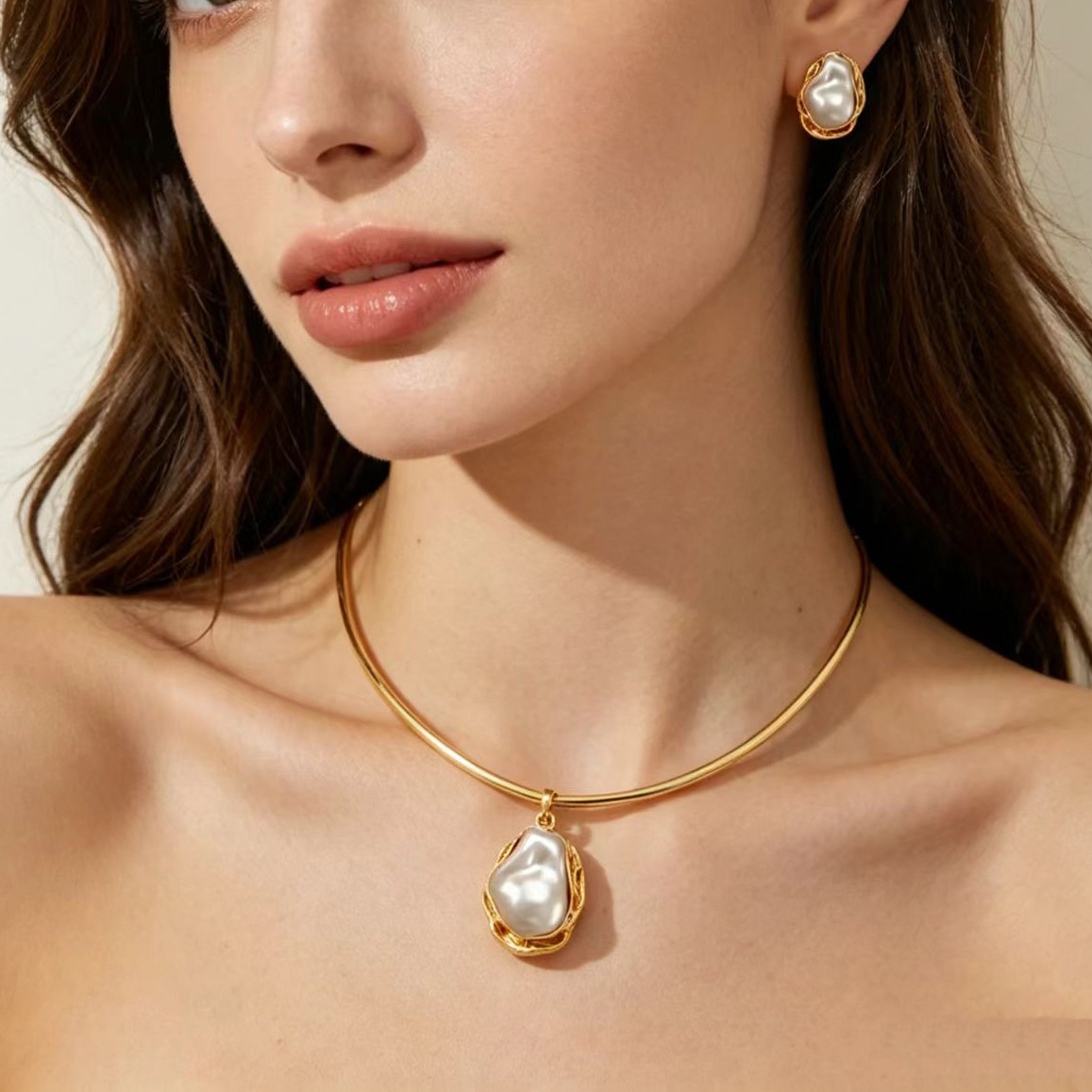 European and American Cross-Border Baroque Irregular Pearl Jewelry Set for Women, High-End Necklace, Earrings, Ring, Choker Wholesale