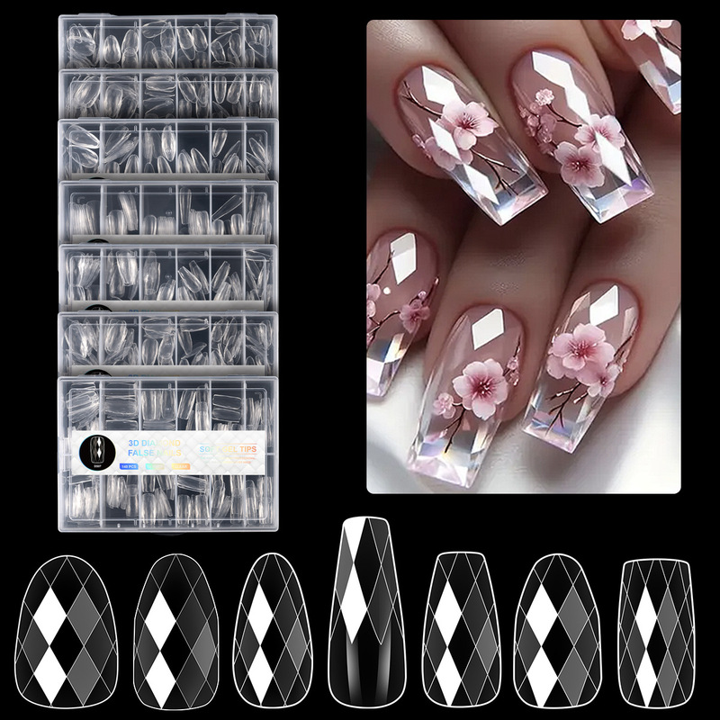 Cross-Border European and American Manicure 3D Rhombus Almond Nails Ballet Nails Wearable Nails Long Shaping Nails Wholesale