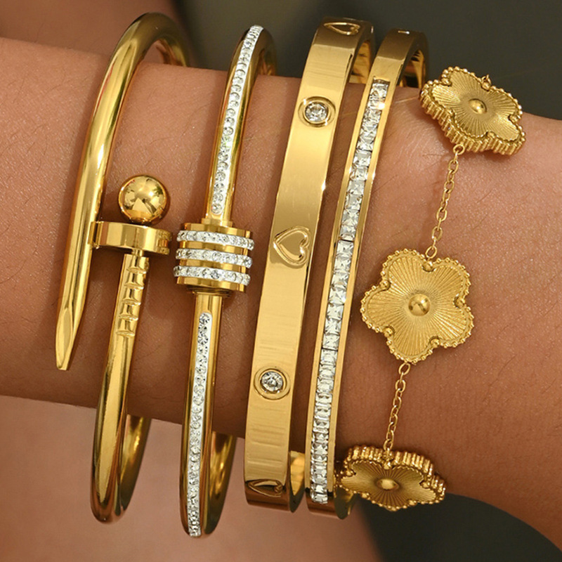 Cross-Border Stainless Steel Gold Bracelet Set Diamond Nail Bracelet Gold Bangles Titanium Steel Bracelet