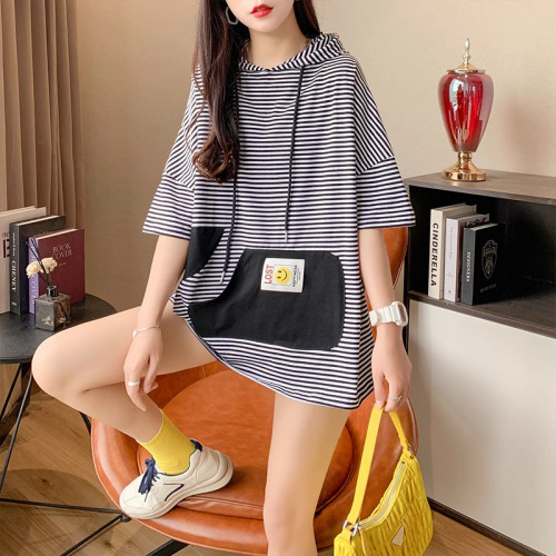 Striped Hooded Short-Sleeve T-Shirt for Women - Trendy Loose and Thin Design, 2025 Spring, Plus-Size, Design-Focused Splicing Top for Women