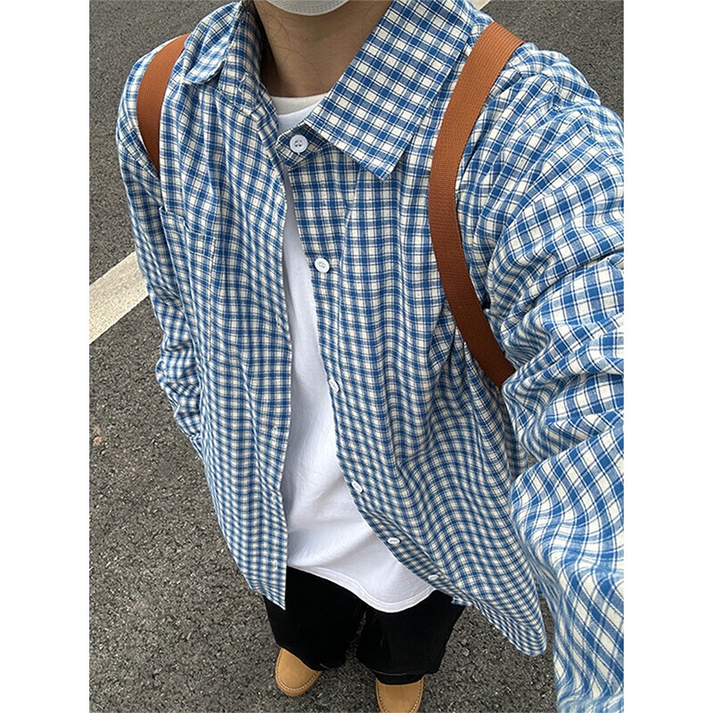 Summer Korean Style Plaid Blue Shirt for Women, Loose Boyfriend Style Shirt, Loose Slimming Sun Protection Cardigan Drape Jacket