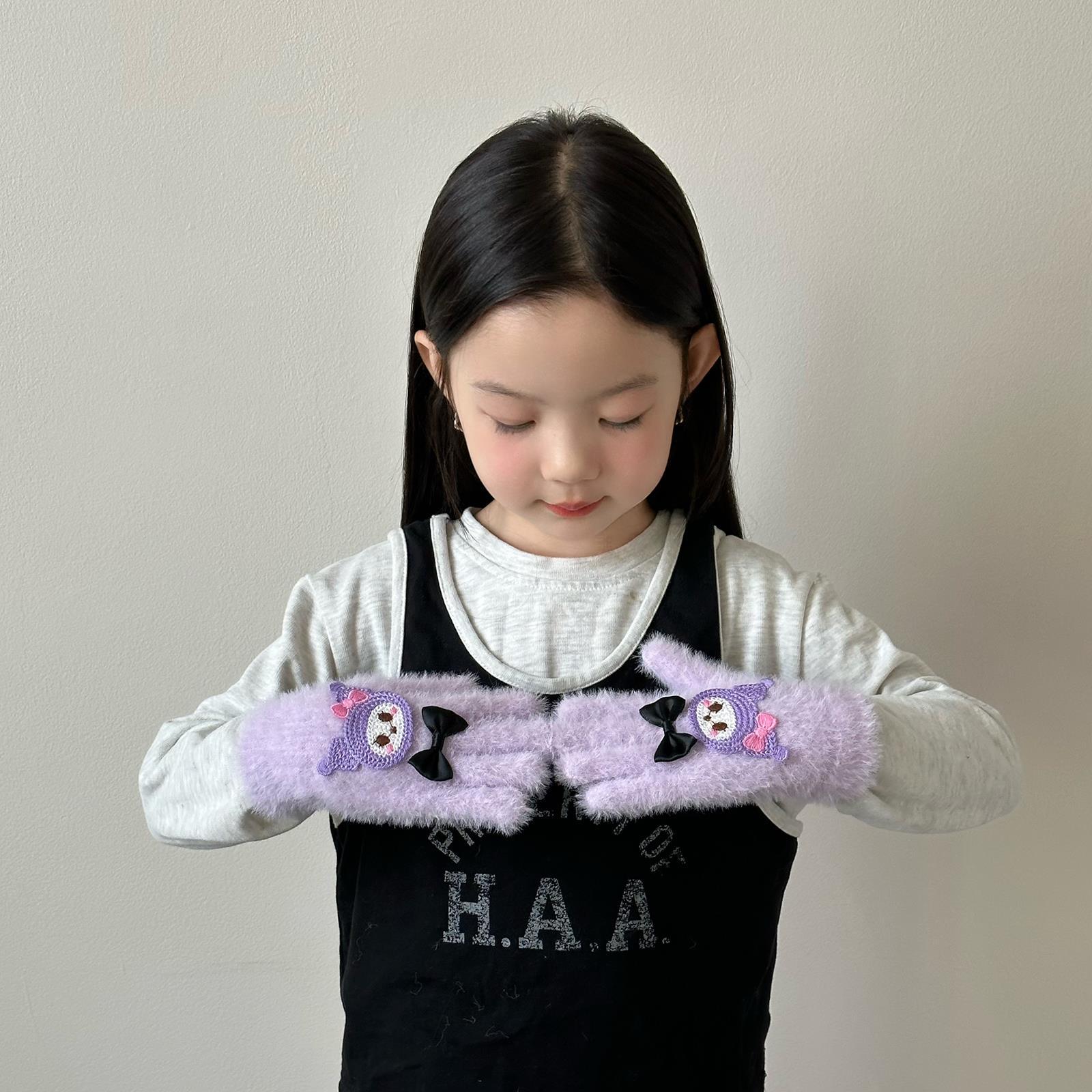 Guantes para niños otoño y invierno caliente corbata de dibujos animados galería de arroz dedo de las niñas guantes de punto de lana pelusa gruesa