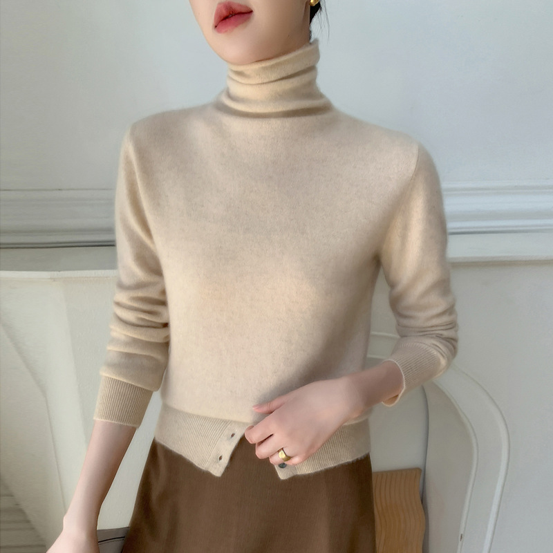 2025 Autumn/Winter New Women's Cashmere Sweater with Rolled Edge, Stacked Collar, Loose Fit, Warm Base Knitwear, Versatile