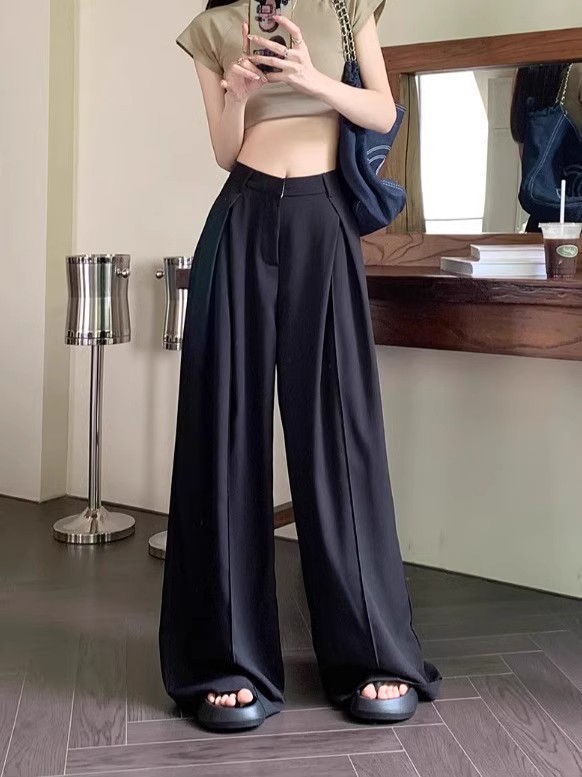 Temperamento negro retro pantalones casuales negros, pantalones de trajes, pantalones de primavera de cintura alta, pantalones de piernas anchas