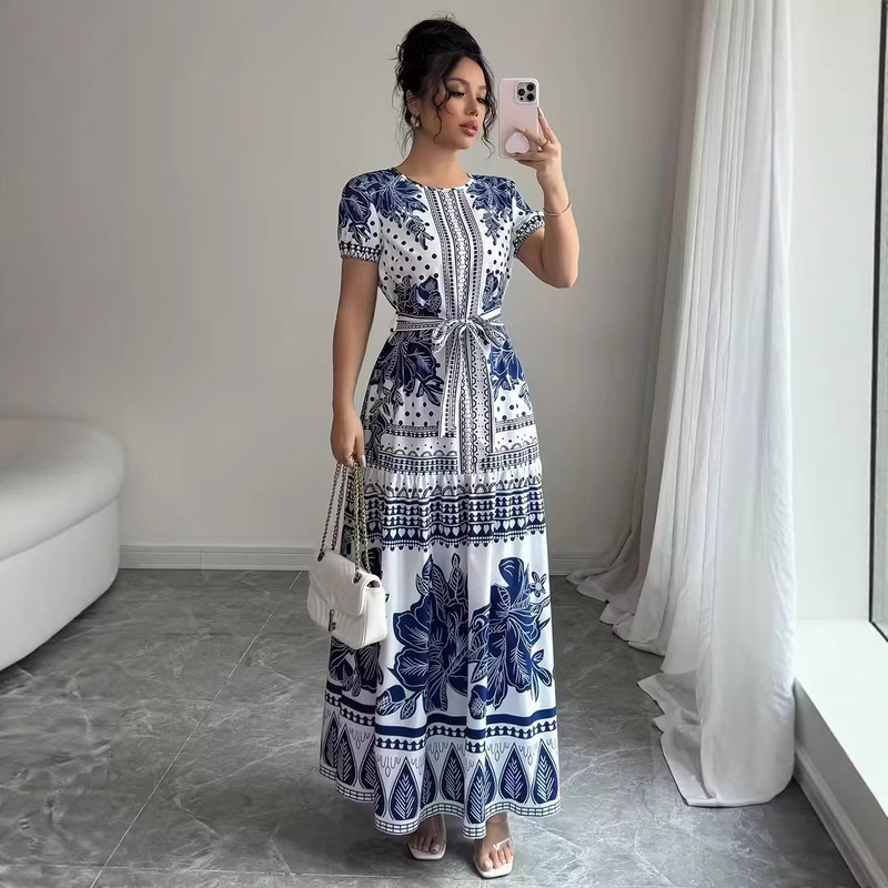 In-Stock Amazon Independent Platform Cross-Border Foreign Trade Ebay Women's Printed Elegant Simple Tie-Neck Round-Neck Dress In-Stock Amazon Independent Platform Cross-Border Foreign Trade Ebay Women's Printed Elegant Simple Tie-Neck Round-Neck Dress