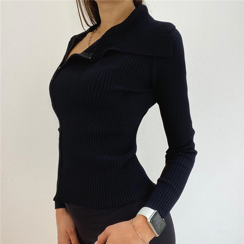 Long-Sleeved Irregular Navy Collar Double Zipper Top NSBJD112379