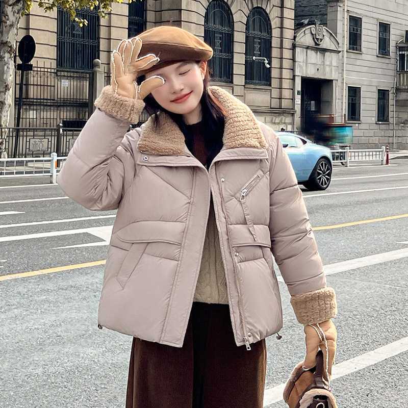 Cordero gran solapa extranjera ropa de algodón plumón ropa de invierno de mujer nueva chaqueta de algodón corta suelta de tamaño grande grueso abrigo