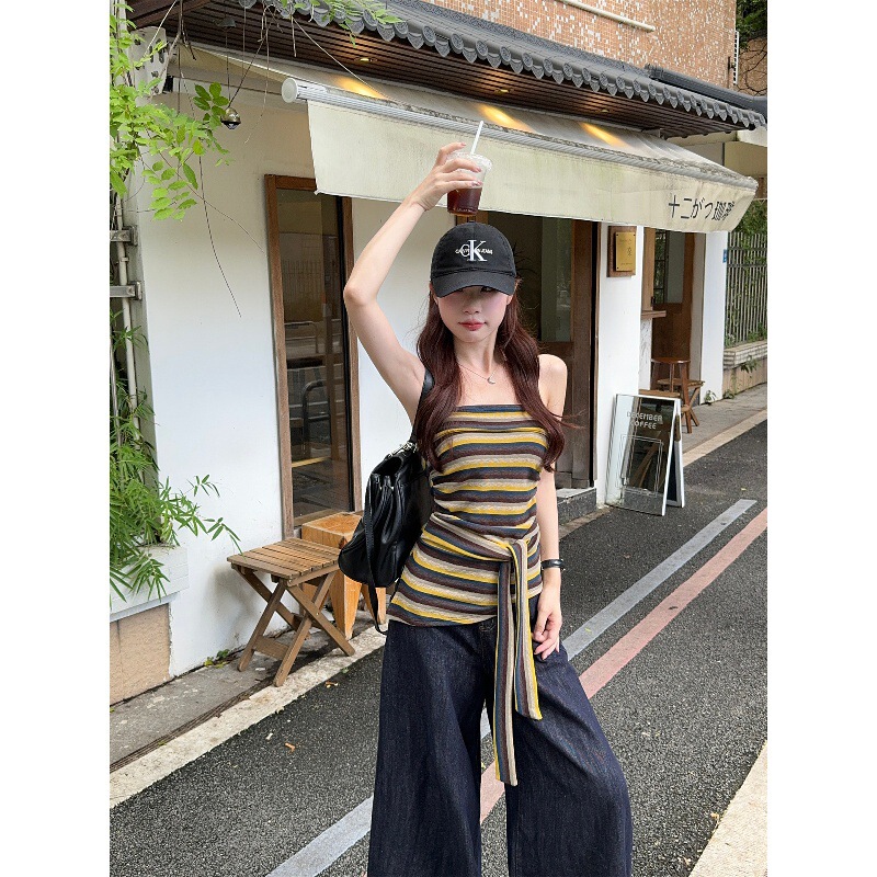 Contrast Color Striped Waist Strap Tube Top Vest for Women Summer Slim Sleeveless Breast-Wrapped Hot Girl Style Short Top for Outer Wear