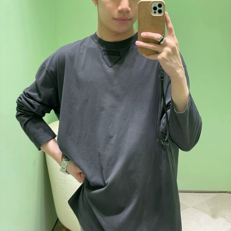 New Inverted Triangle Style Pencil Gray Distressed Frayed Base Shirt Long-Sleeve T-Shirt for Men and Women Couple Style Trendy