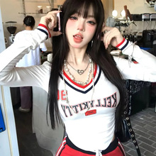 甜辣网球优等生白色美式辣妹T恤女夏V领显瘦长袖上衣短款球衣韩版