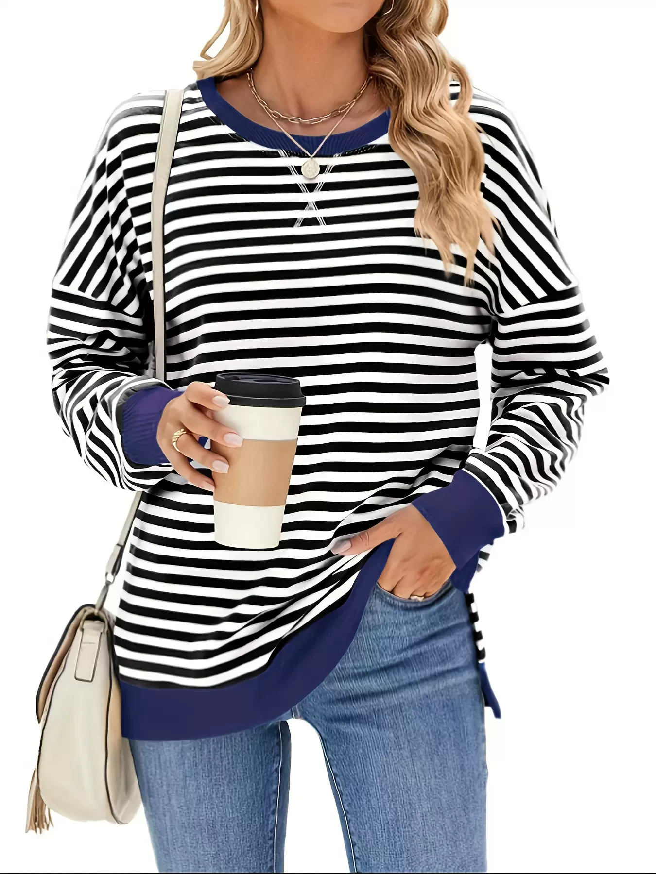 2025欧美跨境大码女装秋冬新款条纹撞色圆领T恤开叉宽松长袖上衣
