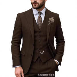 新款人字呢男式西装修身新郎西服套装舞会宴会三件套晚宴礼服西装