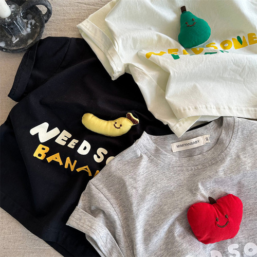 Pure Cotton Kids' T-Shirt with 3D Fruit Design, Short Sleeves – Summer Wear for Girls & Boys, Half-Sleeve Style, Perfect for Little Ones