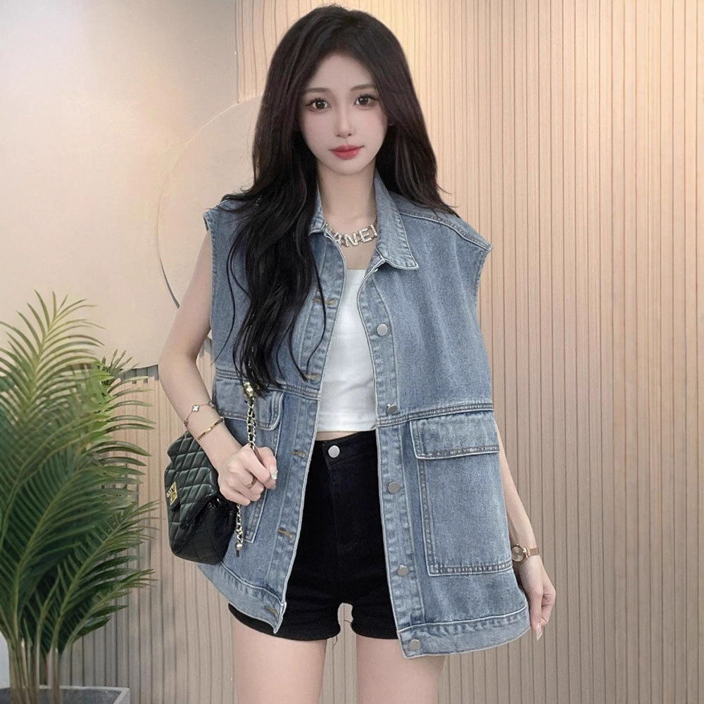 Korean Version 2025 Spring/Summer New Denim Vest Trendy Loose Versatile Sleeveless Outerwear Vest Top for Women