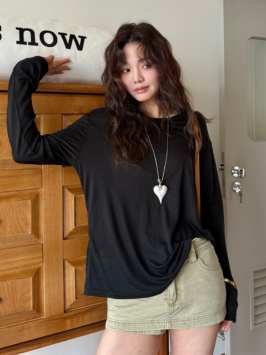 Long-Sleeve Round-Neck Top, lightweight wool blend, summer solid, one size (2–10 colors)