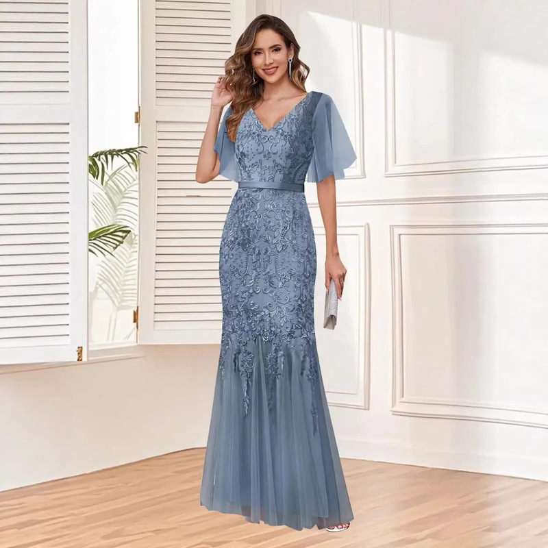 Lace Appliques Mermaid Bridal Wedding Dress Short Sleeves V Neck Chiffon Formal Prom Evening Gowns Lace Appliques Mermaid Bridal Wedding Dress Short Sleeves V Neck Chiffon Formal Prom Evening Gowns
