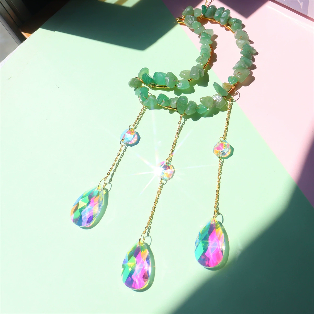 Moon & Star crystal suncatcher, natural gem chips, AB prism drops