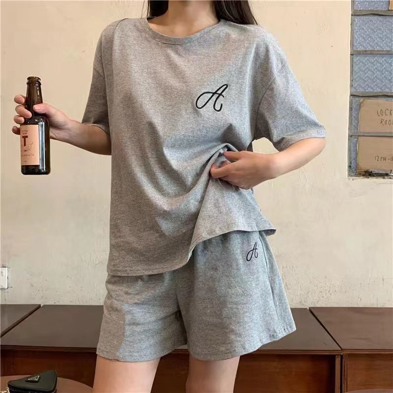 100% Cotton Sports Suit Women's Summer Short-Sleeved Shorts Outer Wear Fashionable Loose Casual Running Suit Two-Piece Trendy Set
