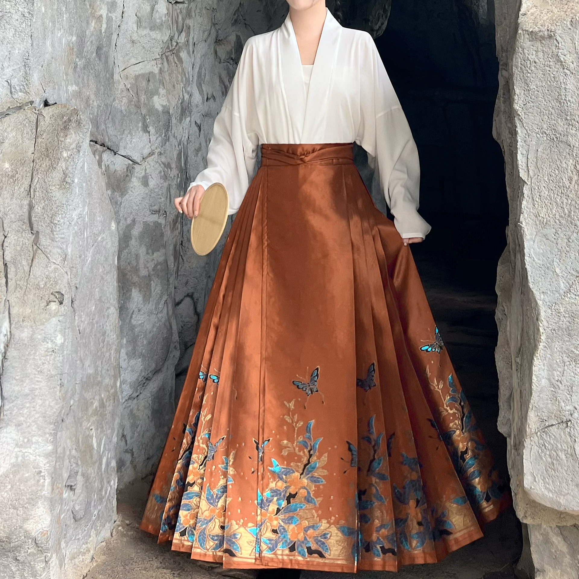 Мушмула одно дерево золото Новая китайская юбка ханьфу в стиле Мин пригородная ткачество золотой макияж цветок рукав самолета юбка с лицом лошади