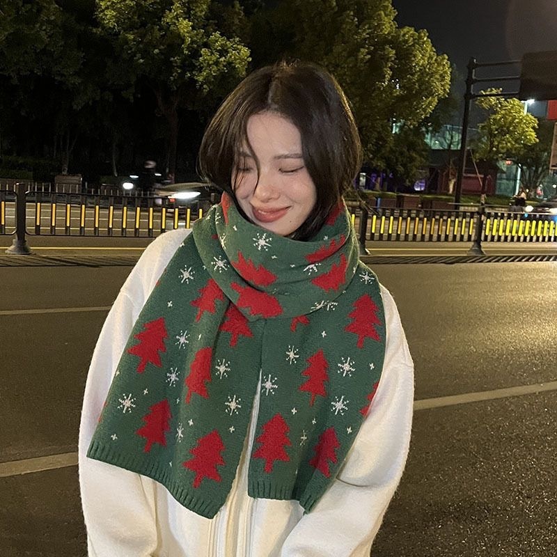 秋冬季圣诞树针织围巾女红色保暖百搭学生情侣圣诞礼物绿毛线围脖|undefined
