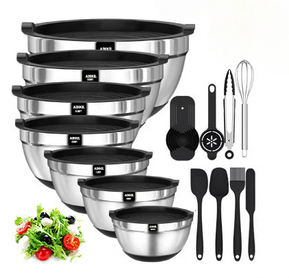 Tazón mezclador portátil para exterior/hornear, base de silicona, acero inoxidable, negro