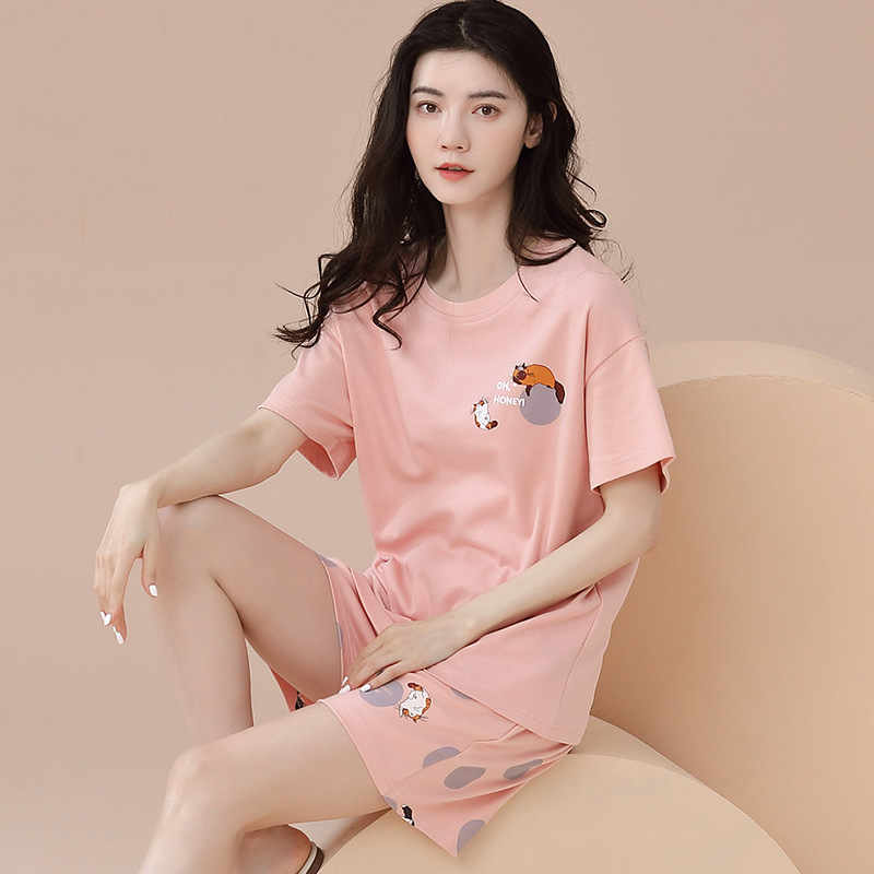 New pajamas women's summer cotton short-sleeved shorts plus size Korean cartoon sweet cute ladies home wear suit