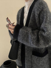 老钱风深灰色混织V领大毛衣开衫慵懒高级感宽松针织外套2025秋季