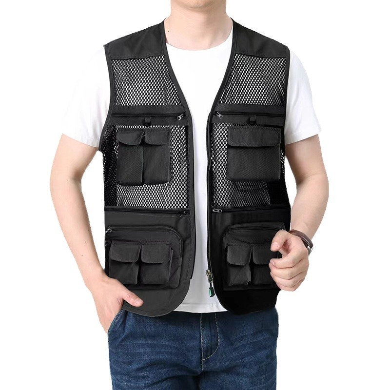 Negro comercio exterior de verano delgado chaleco de malla de secado rápido transpirable hombre multibolsillo chaleco de hombre gordo tamaño extra