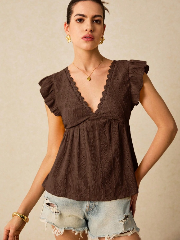 2026 European And American Cross Border Women's Spring And Summer New Fashionable Hollow V-neck Lotus Leaf Short Sleeved Lace T-shirt Top_ecoleips.com