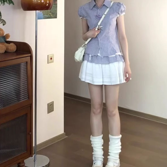 Sweet and Fresh Plaid Puff Sleeve Lace Shirt Women's Summer New High-Waist Slim White Pleated Skirt Suit