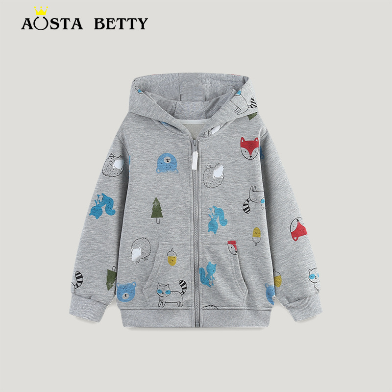 Autumn New Boys' Coat European and American Style Fashion Zipper Children's Coat Knitted Cotton Printed Hooded Children's Sweatshirt